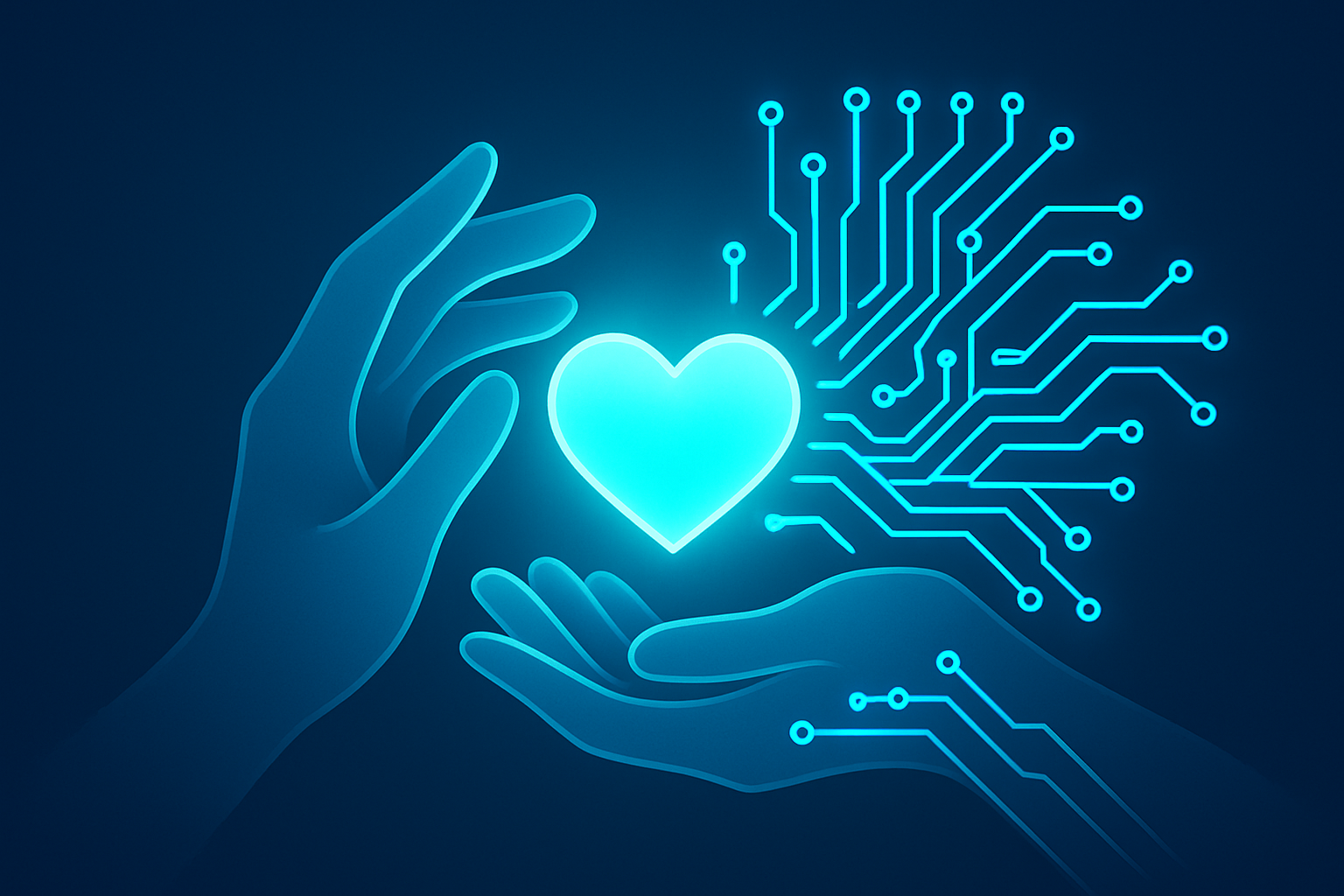 Translucent hands and glowing AI circuits cradle a pulsating heart-shaped light in a dark tech background.
