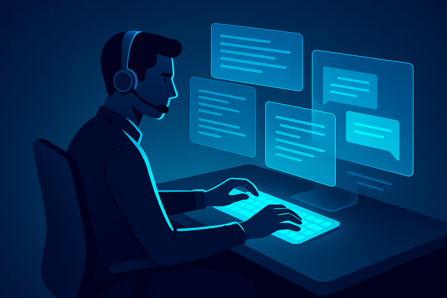 Customer service representative working at a neon-lit digital workstation with floating screens.