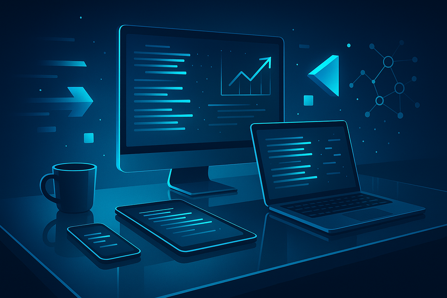 Dark tech workspace with holographic data streams