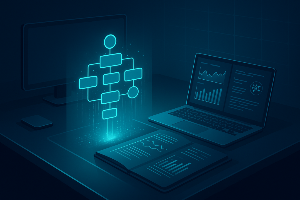 Dark tech workspace with holographic flowchart, digital ledger, and glowing network grid.