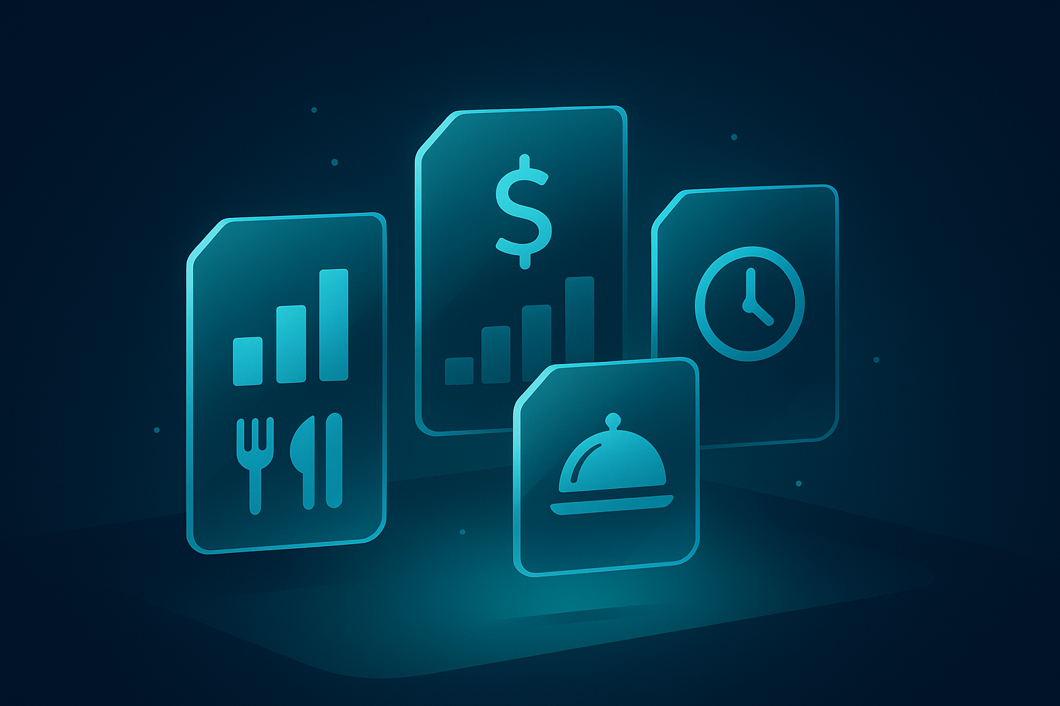 Digital data shards with icons representing dining preferences floating over a dark gradient background.