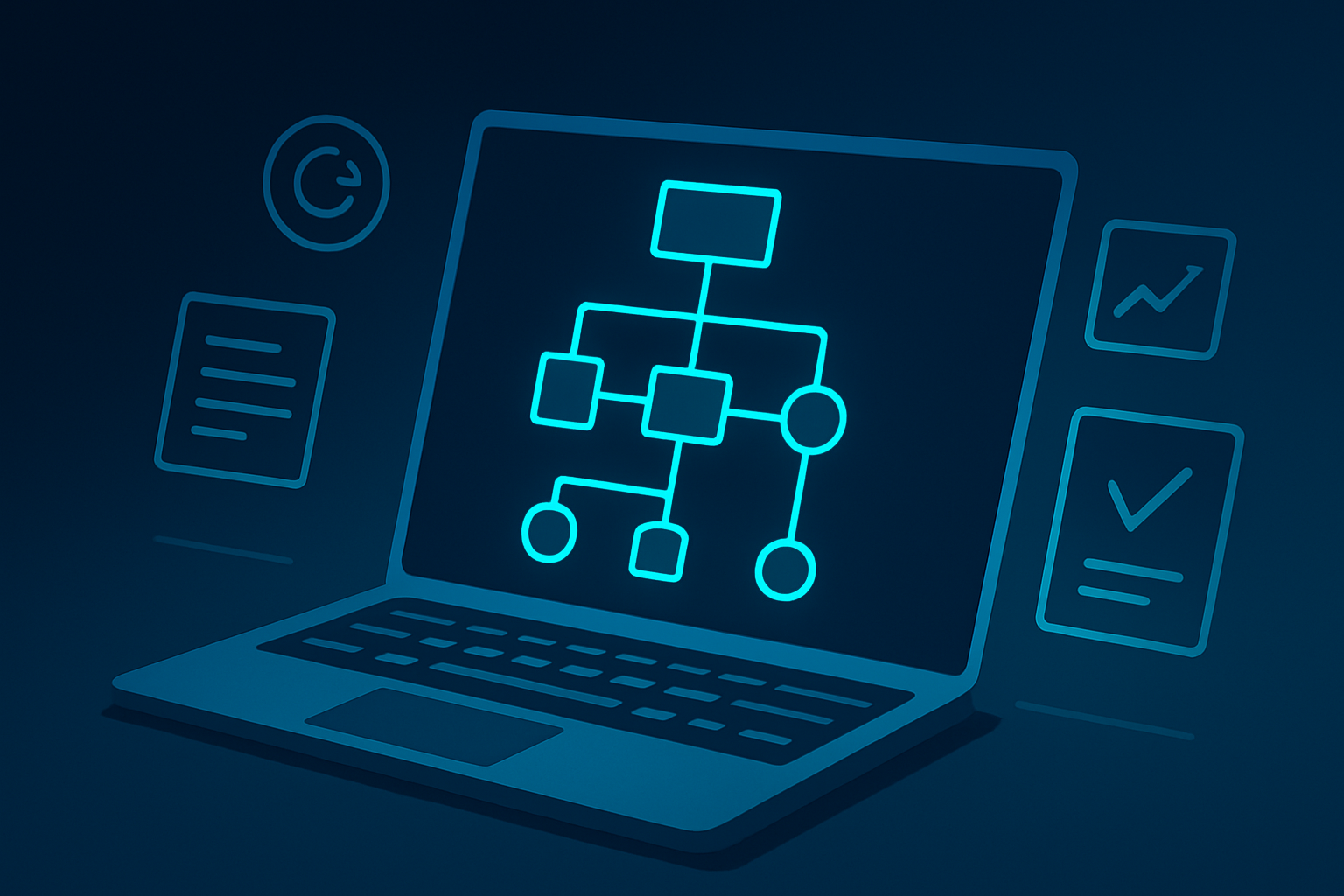 Digital workspace with flowcharts and interconnected nodes