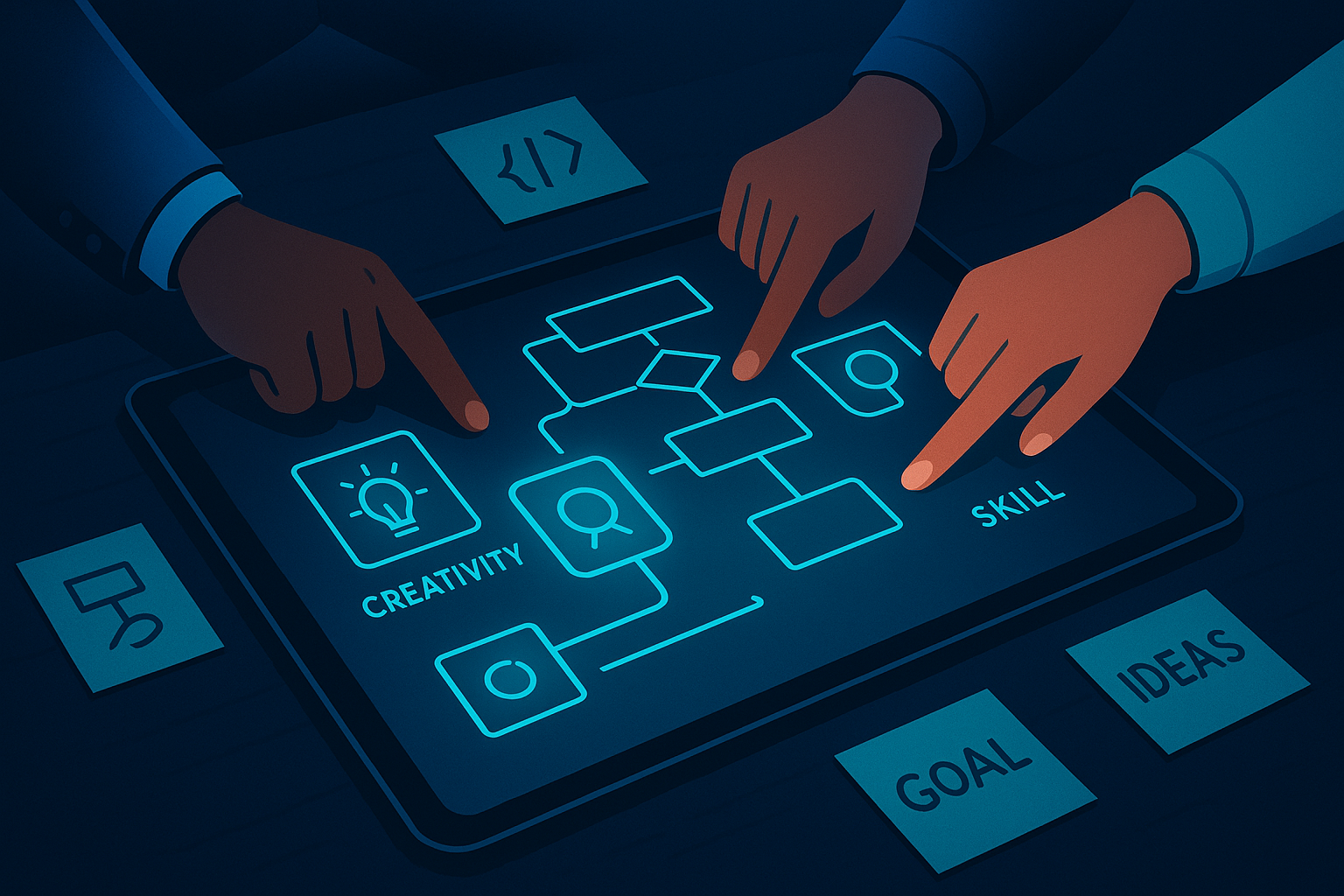 Diverse team’s hands point at holographic flowcharts in a neon-lit digital workspace.