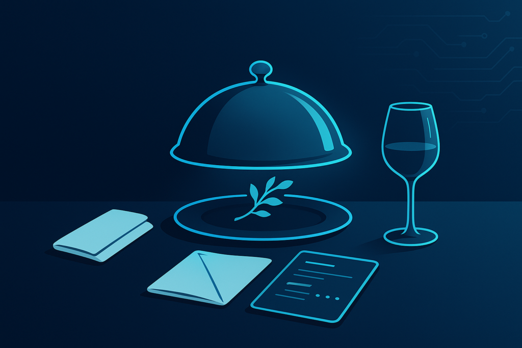 Elegant dining setup with silver cloche, herbs, napkin, ledger, and wine glass on dark neon-lit background.