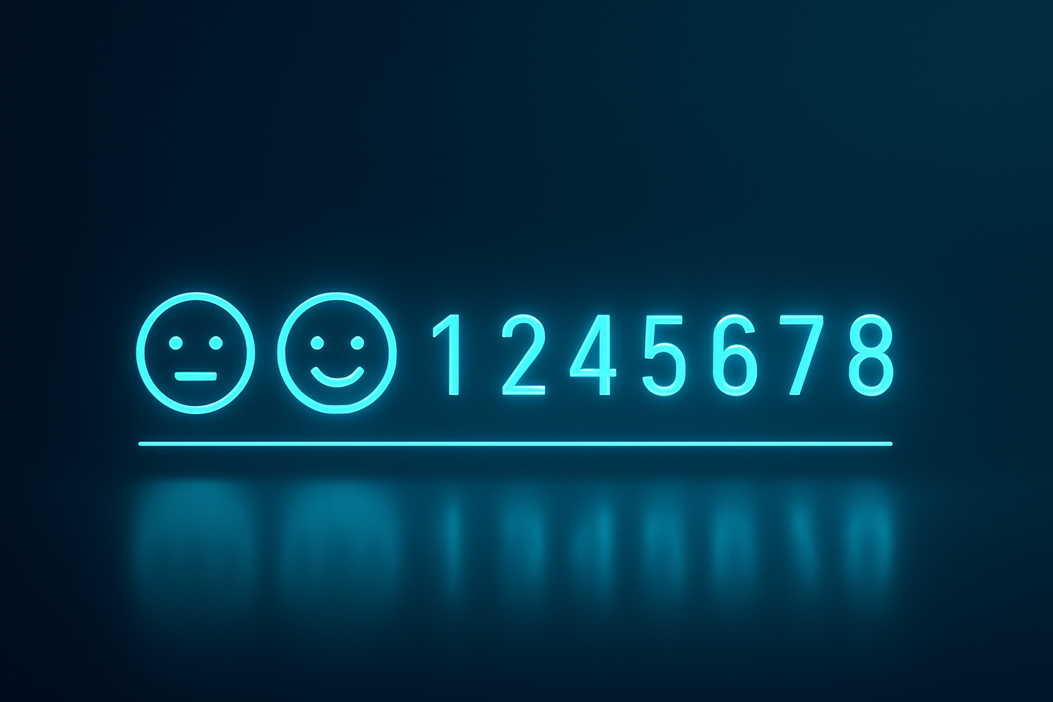 Flat digital interface with glowing smiley faces transforming into numbers above reflective surface.