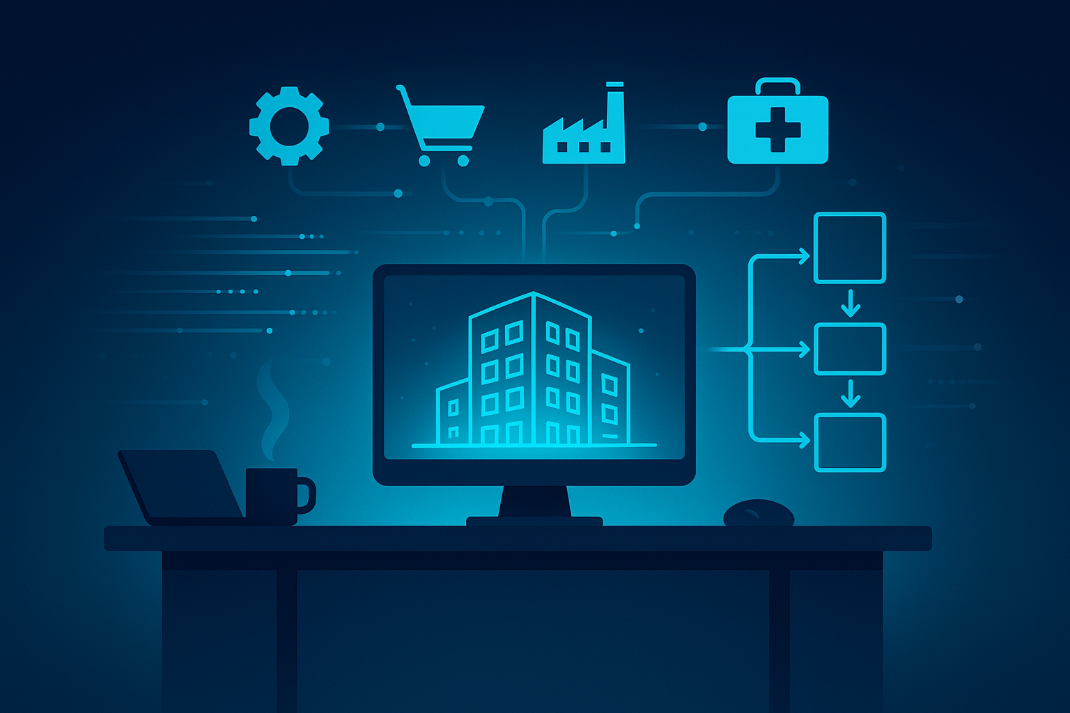 Flat illustration of a high-tech workspace