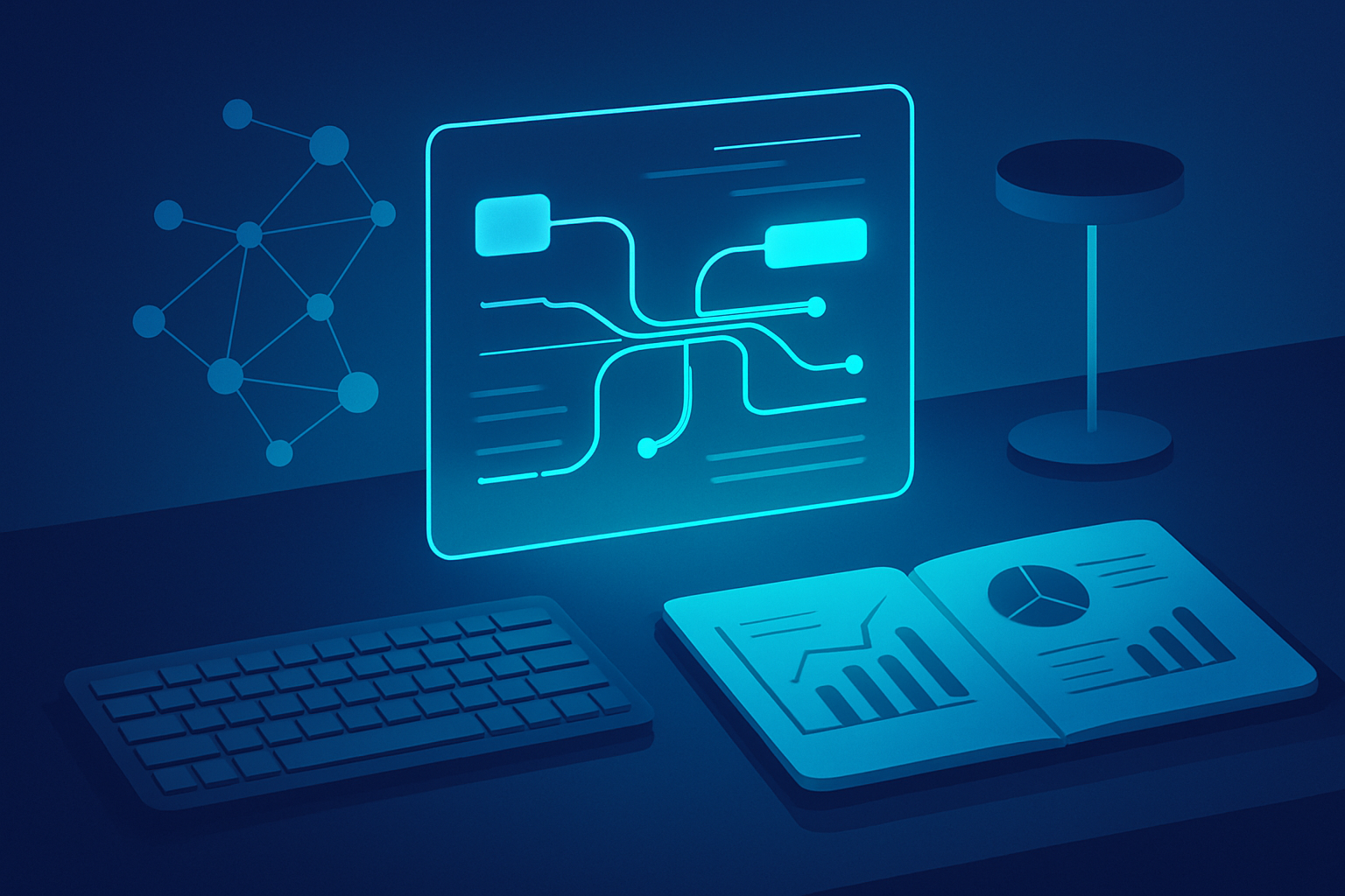 Neon-lit workspace with holographic automation interface