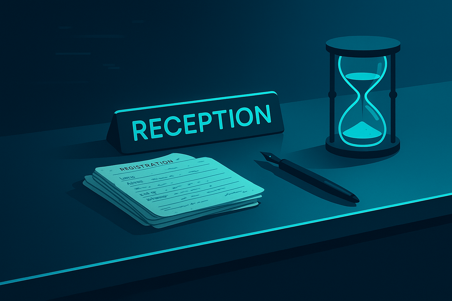 Flat-illustration of a reception desk with registration cards, ink pen, hourglass, and neon glow.
