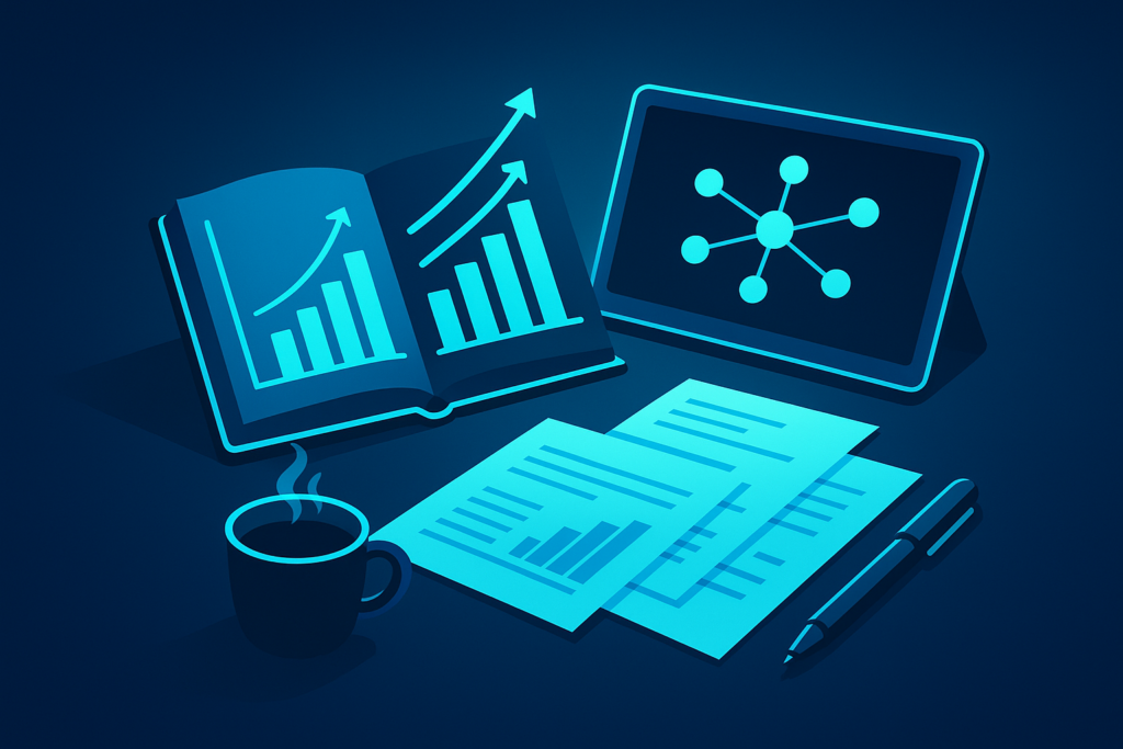 Flat-illustration of a workspace with ledger, digital tablet, coffee, and reports in neon blue tones.