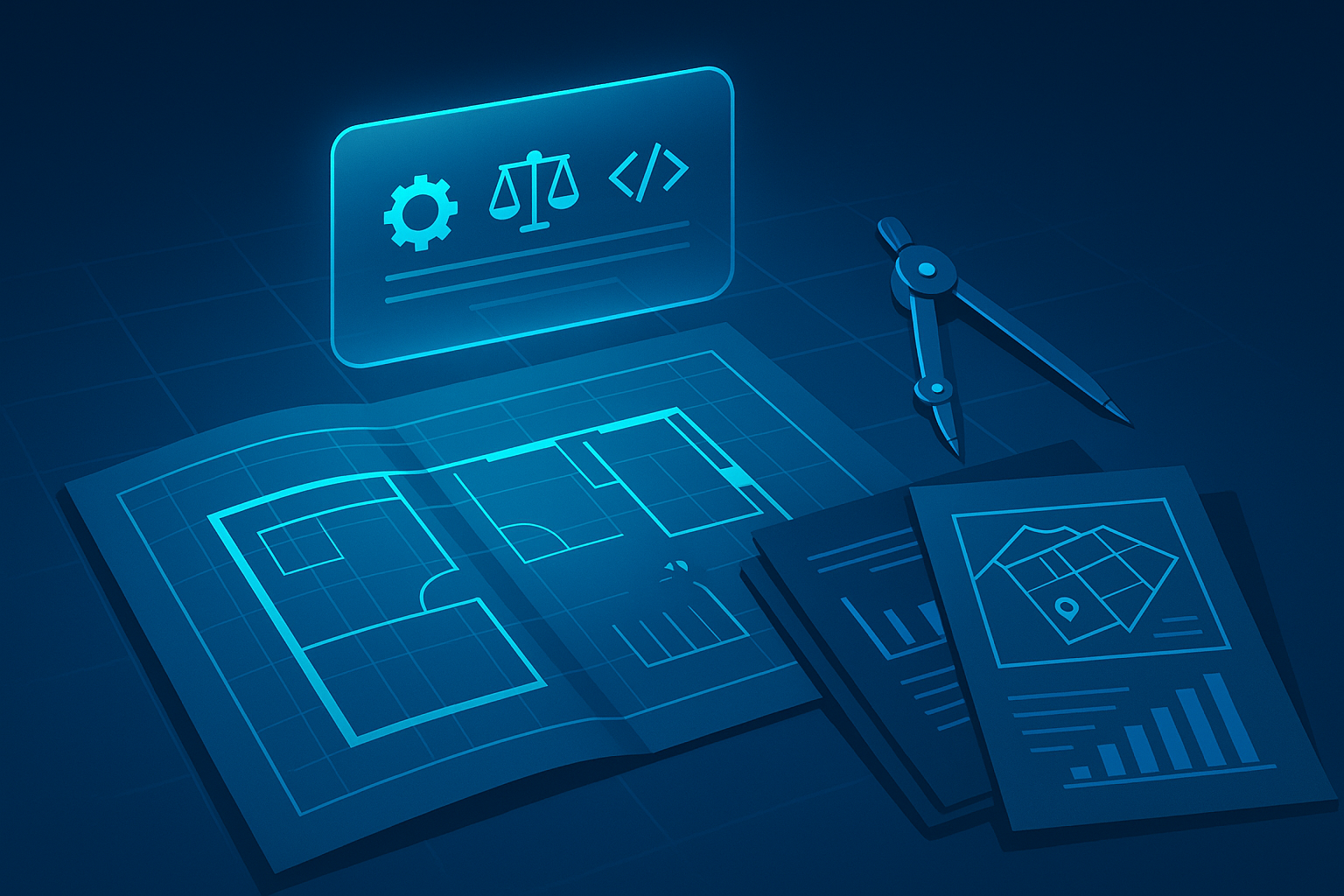 Flat illustration of architectural blueprint and data