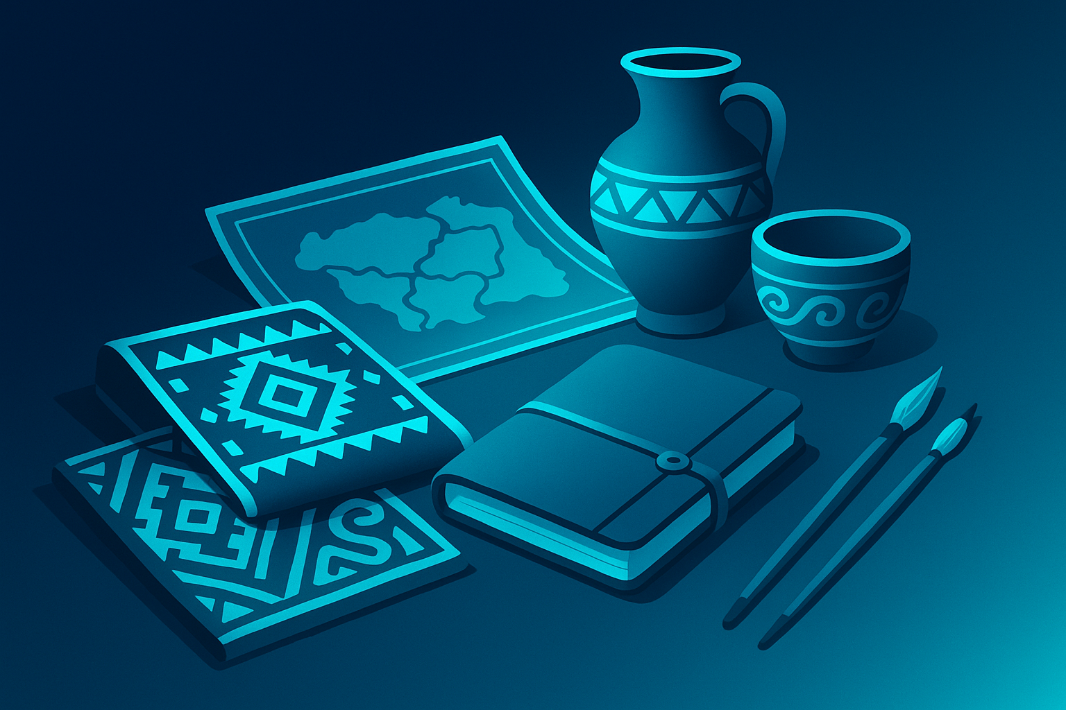 Flat illustration of cultural artifacts with guides' tools on a dark blue and cyan gradient background.