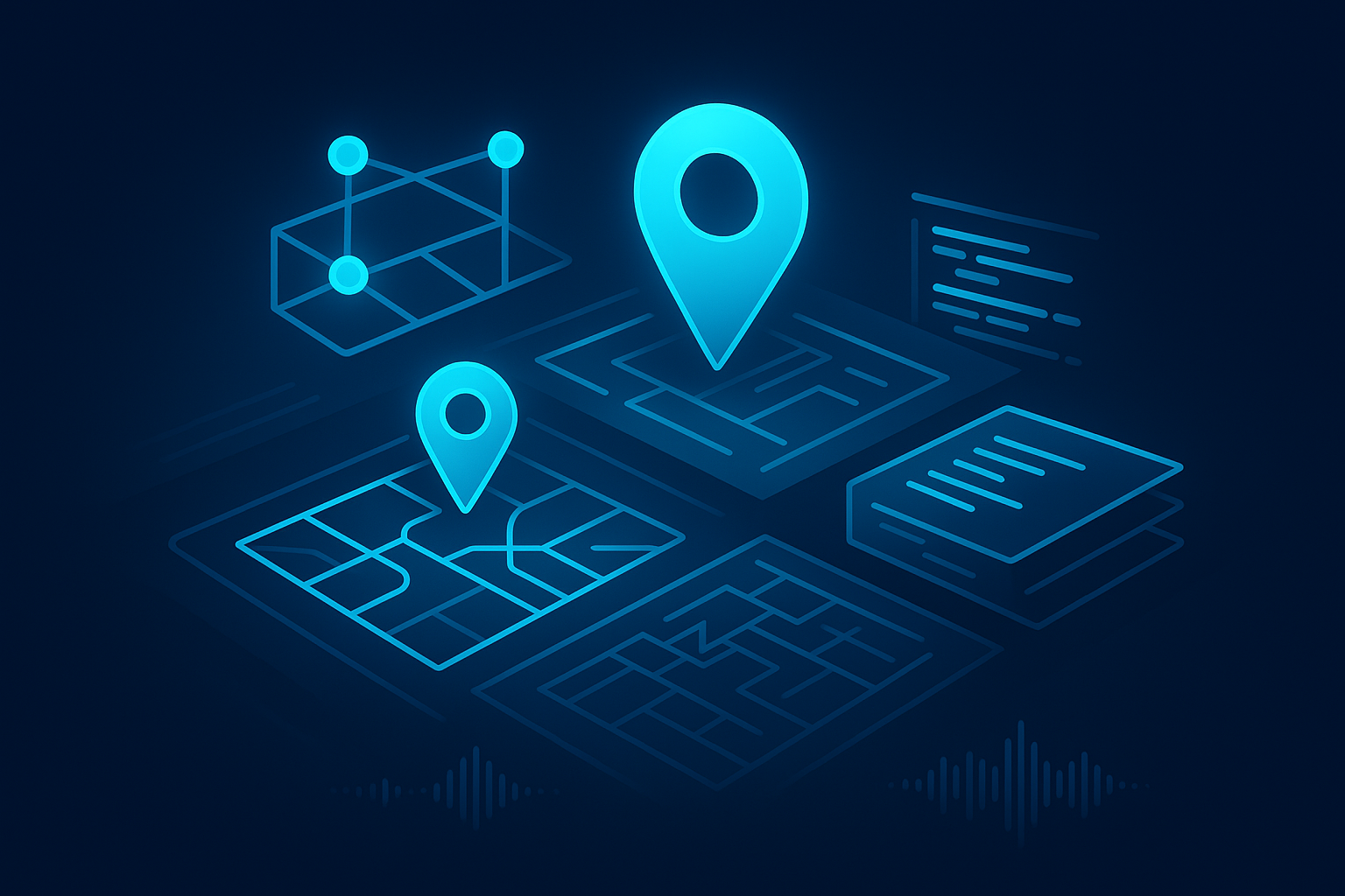 Flat illustration of glowing data nodes and blueprints