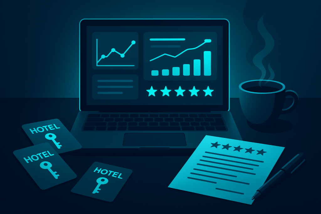 Flat workspace with glowing digital dashboard, hotel keycards, coffee, and review sheets.