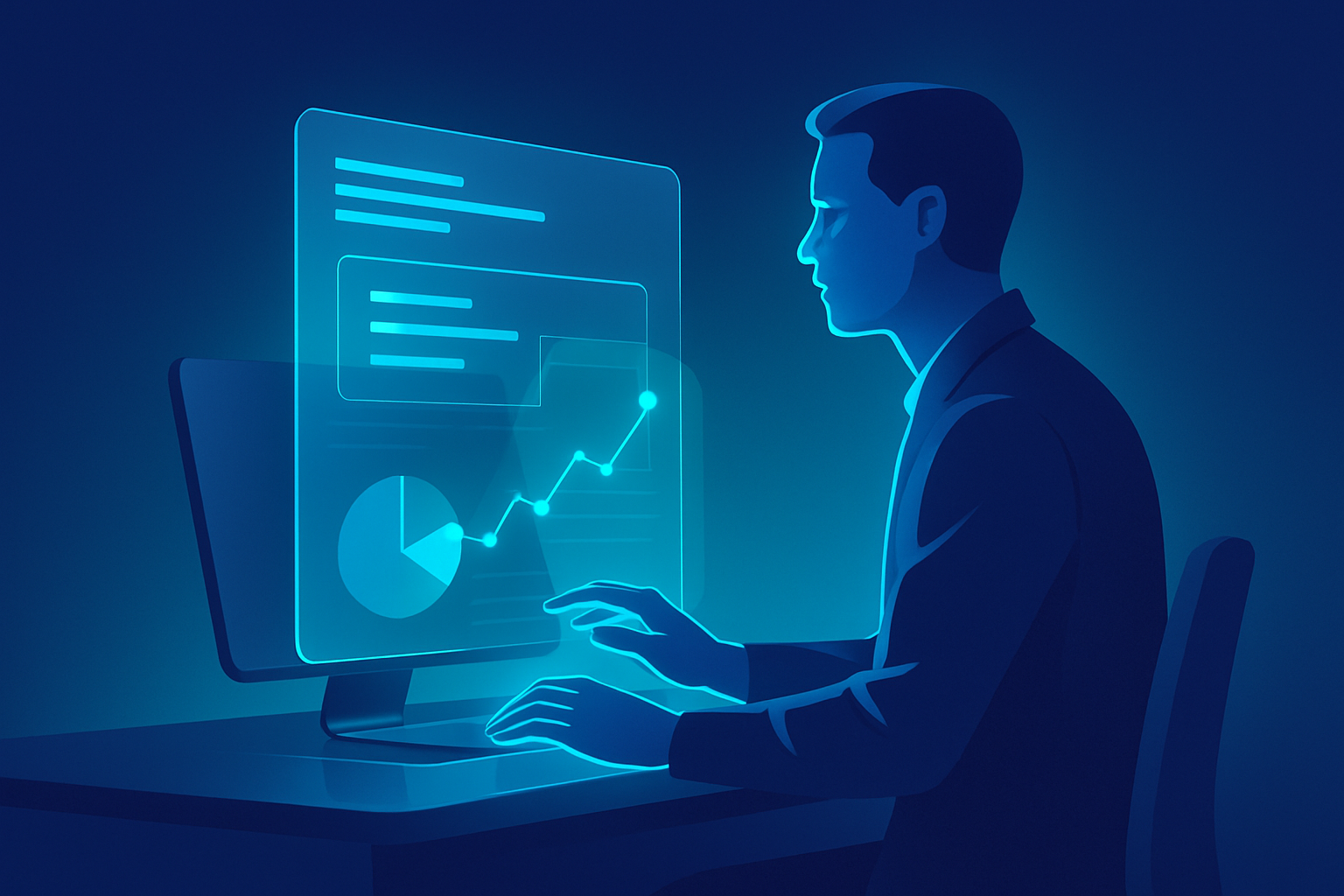 Professional interacting with holographic AI interface