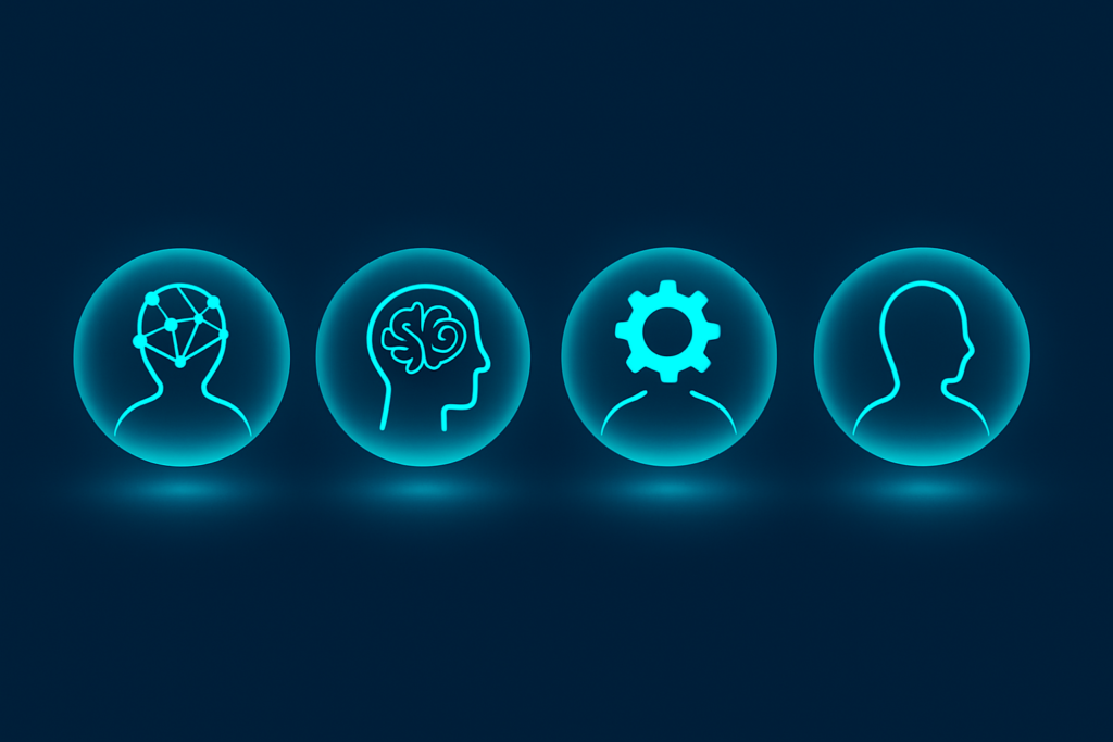 Four glowing cyan orbs with abstract human and technological symbols hover above a dark surface.