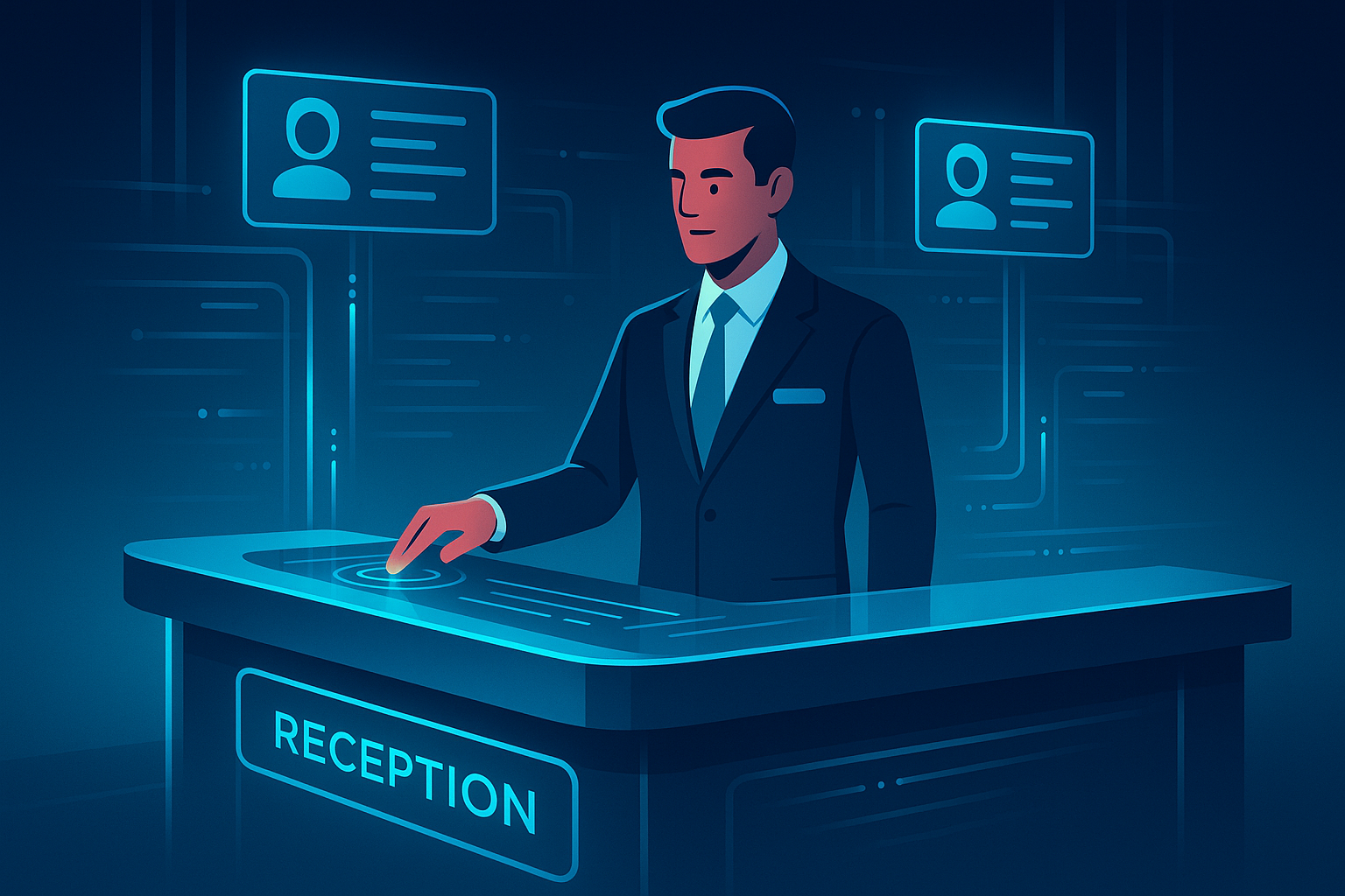 Futuristic hotel lobby with concierge using digital interface amid holograms and neon glow.