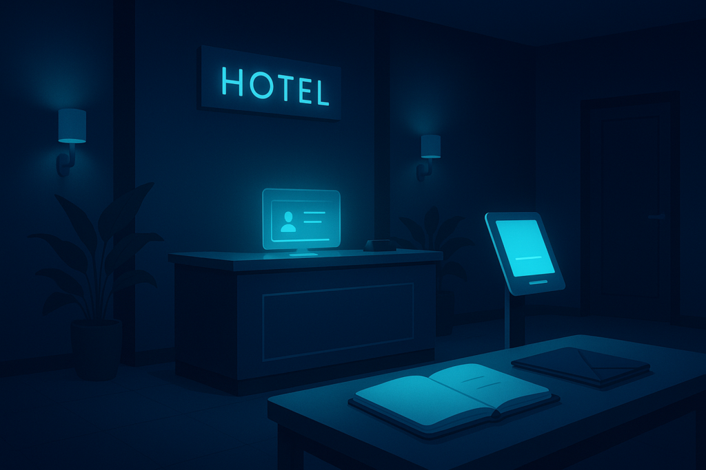 Futuristic hotel lobby with holographic reception and digital concierge in neon-lit dark ambiance.