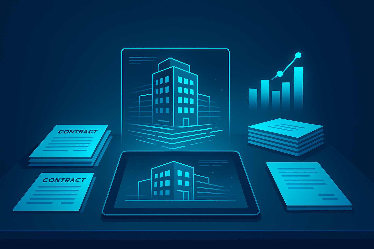 Futuristic real estate office desk with digital blueprints