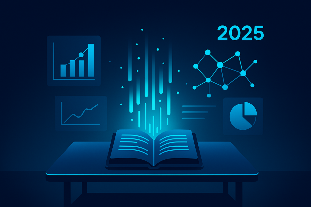 Futuristic workspace with holographic data, charts, and interconnected nodes in neon cyan glow.
