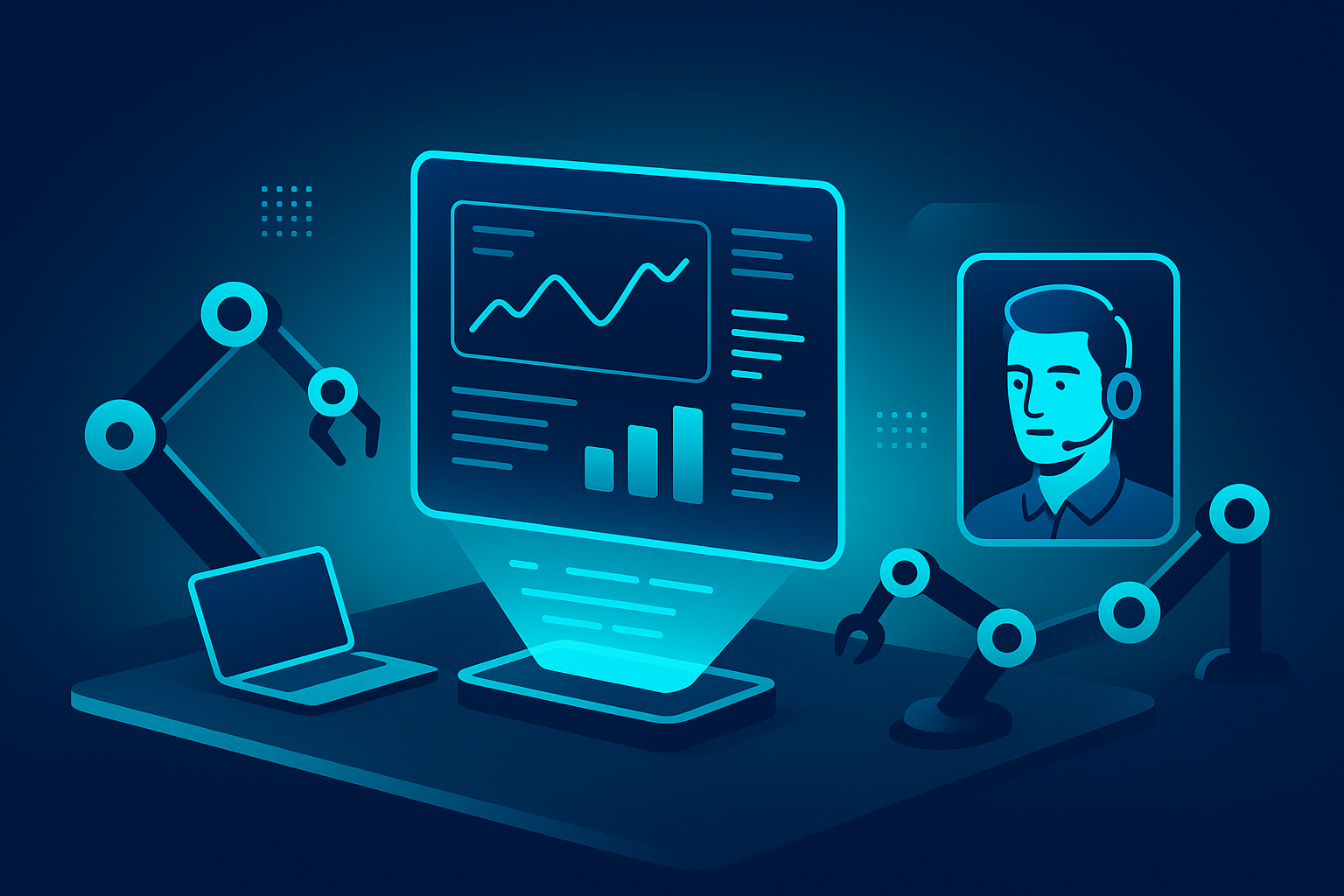 Futuristic workspace with holographic data dashboard
