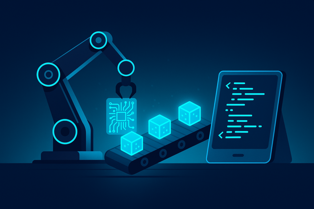 Futuristic workspace with robotic arm, conveyor belt, and touchscreen displaying data in neon blue tones.