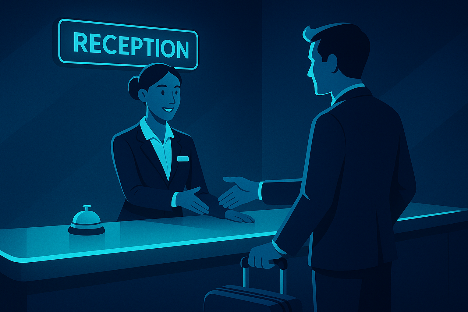 Hotel reception with attentive staff assisting a guest in a futuristic, neon-lit setting.