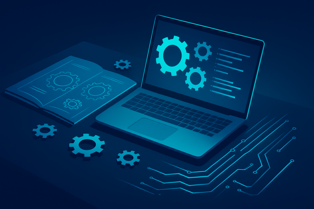 Minimalist workspace with digital blueprint, circuit patterns, gears, and holographic data streams.