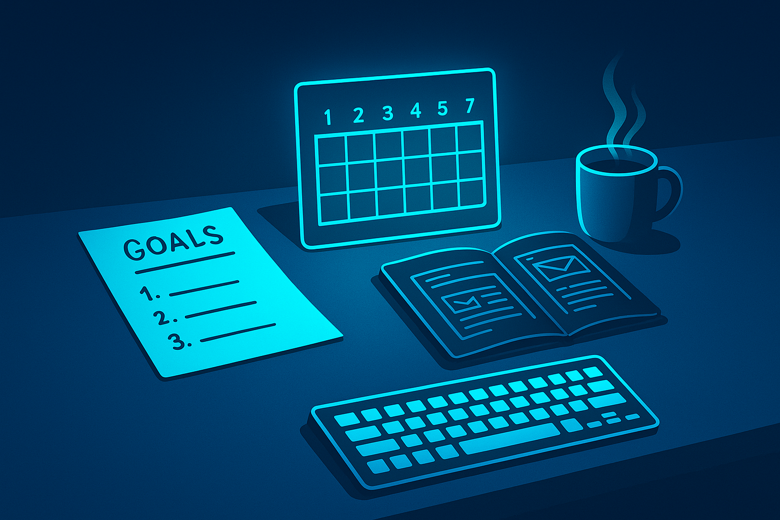 Minimalist workspace with digital calendar, notebook, glowing keyboard, and coffee under neon glow.