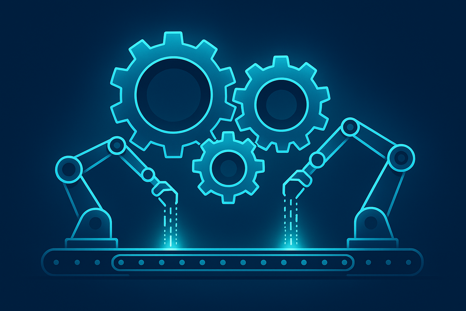 Modern assembly line with glowing gears and conveyor belt