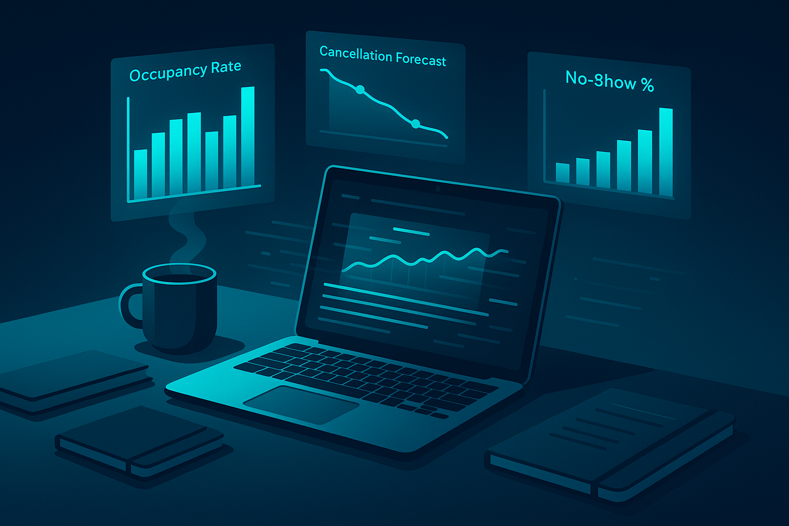 Modern command center with laptop, digital charts, notebooks, and coffee in neon-lit setting.