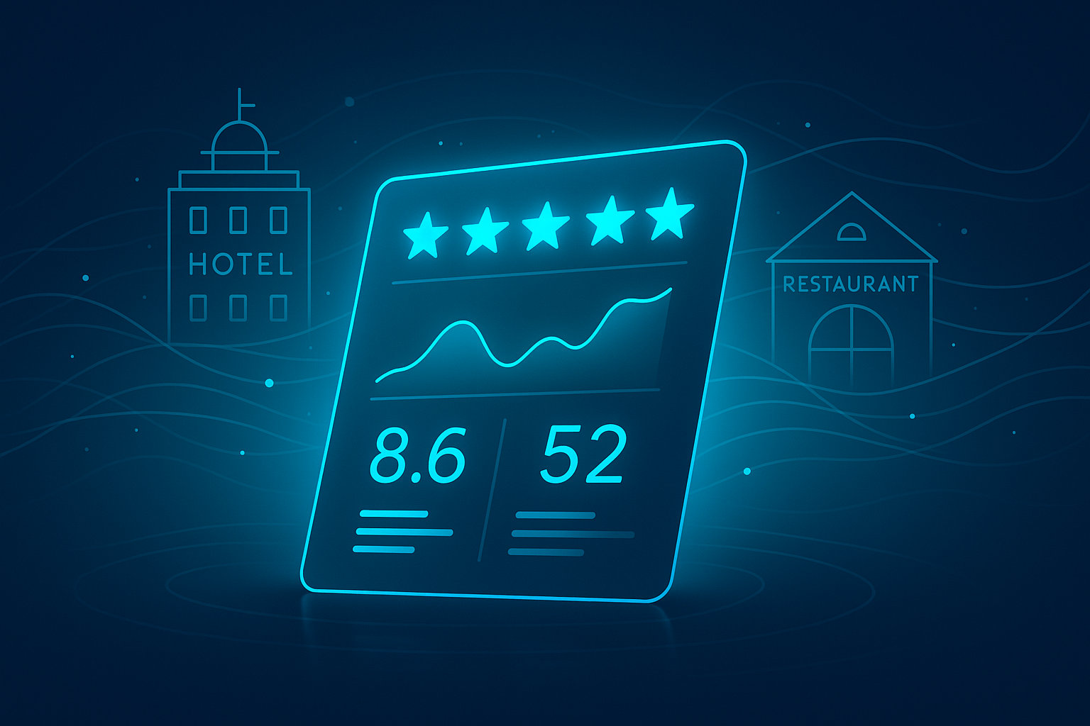 Modern digital dashboard with glowing graphs, star ratings, and hotel silhouettes on dark neon background.