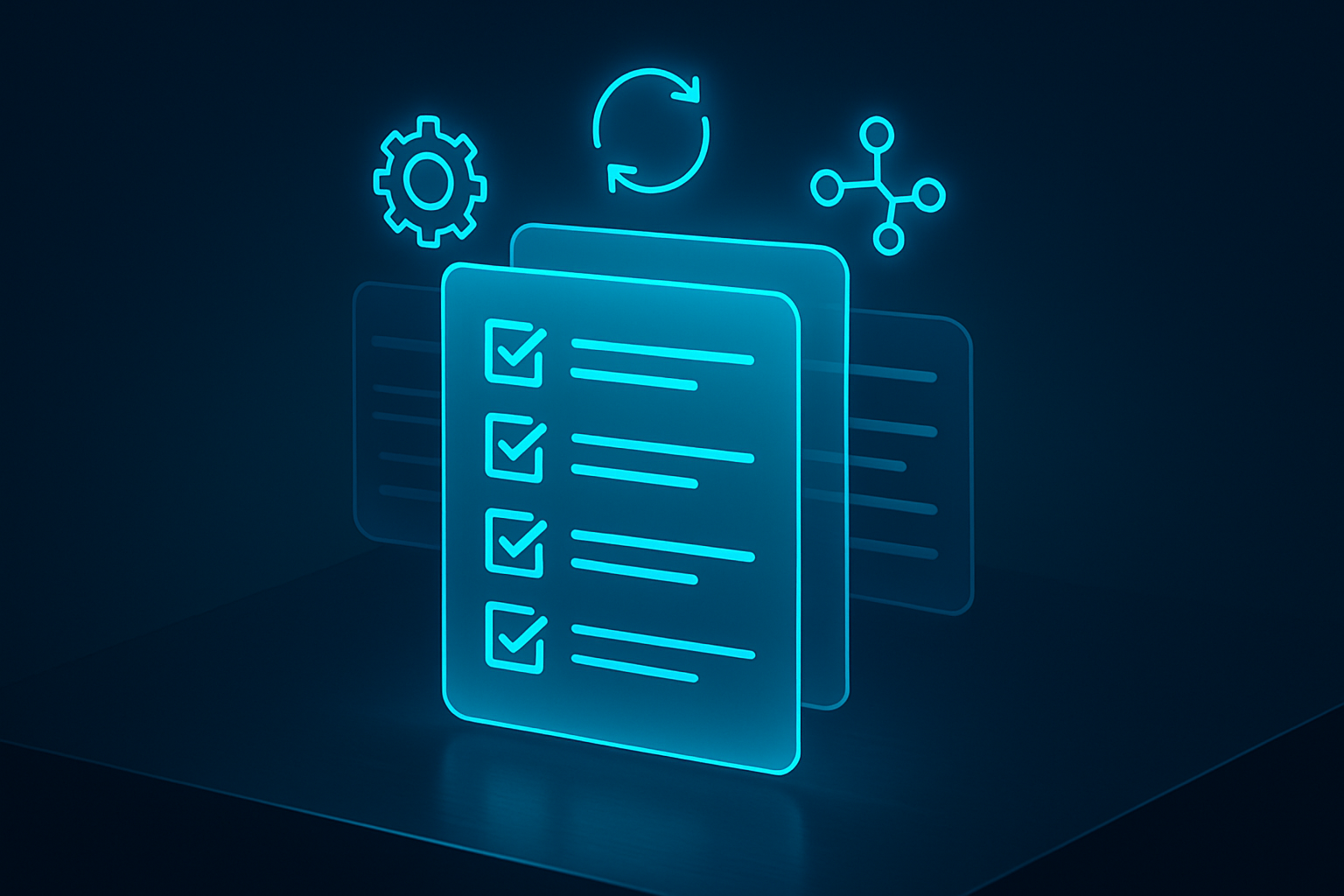 Modern digital interface with translucent checklists, glowing icons, and neon highlights on dark background.