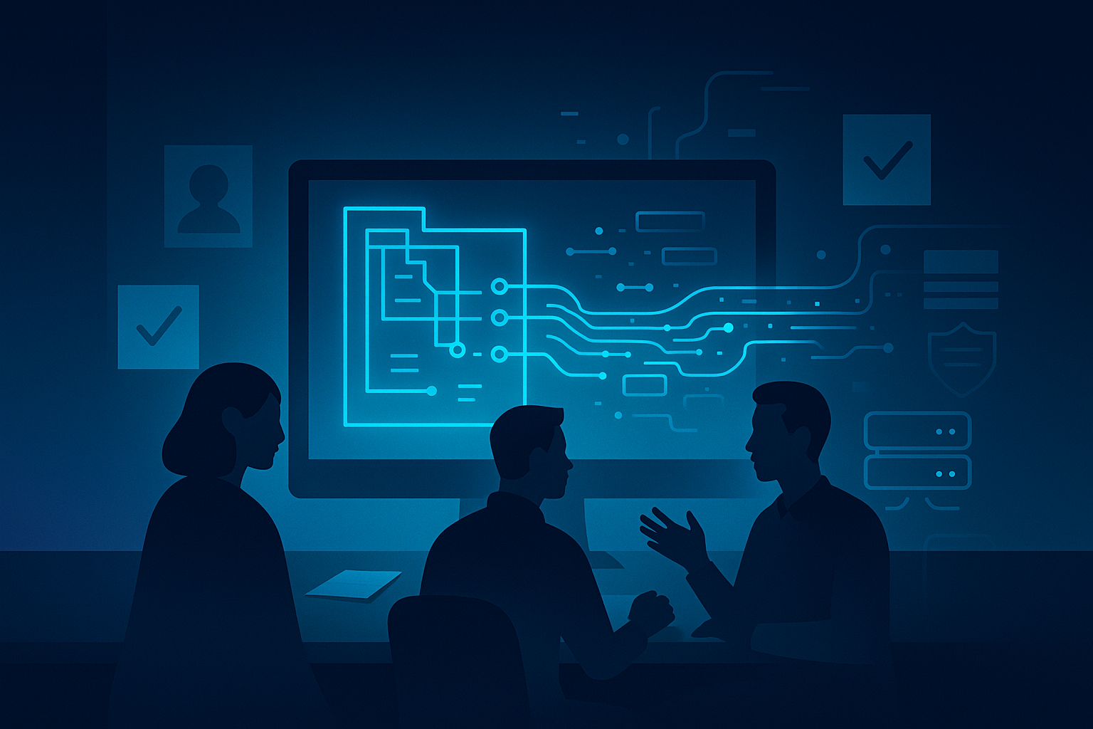 Modern digital workspace with blueprints and data streams