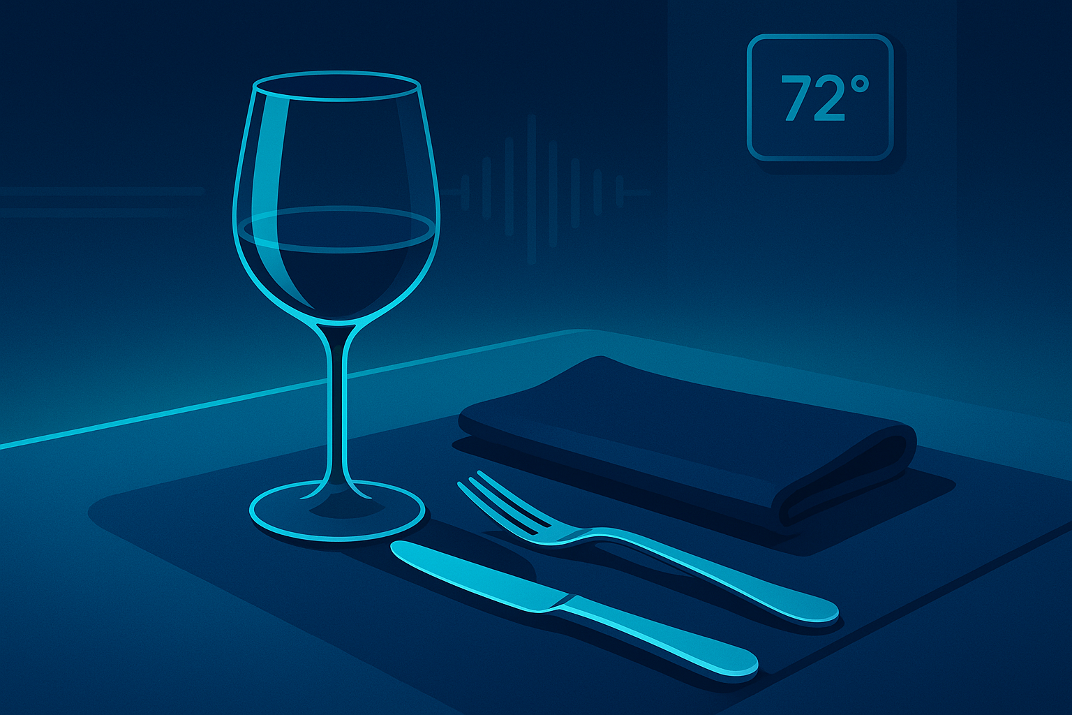 Modern dining table with crystal glass, navy napkin, silverware, soundwave patterns, and digital thermostat.