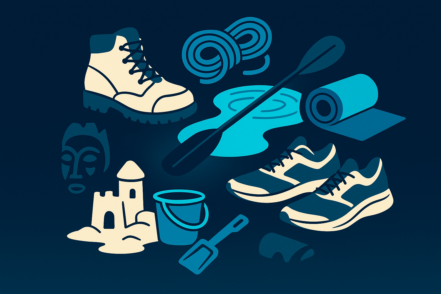 Modern flat illustration of outdoor activity gear with vibrant neon accents on dark blue background.
