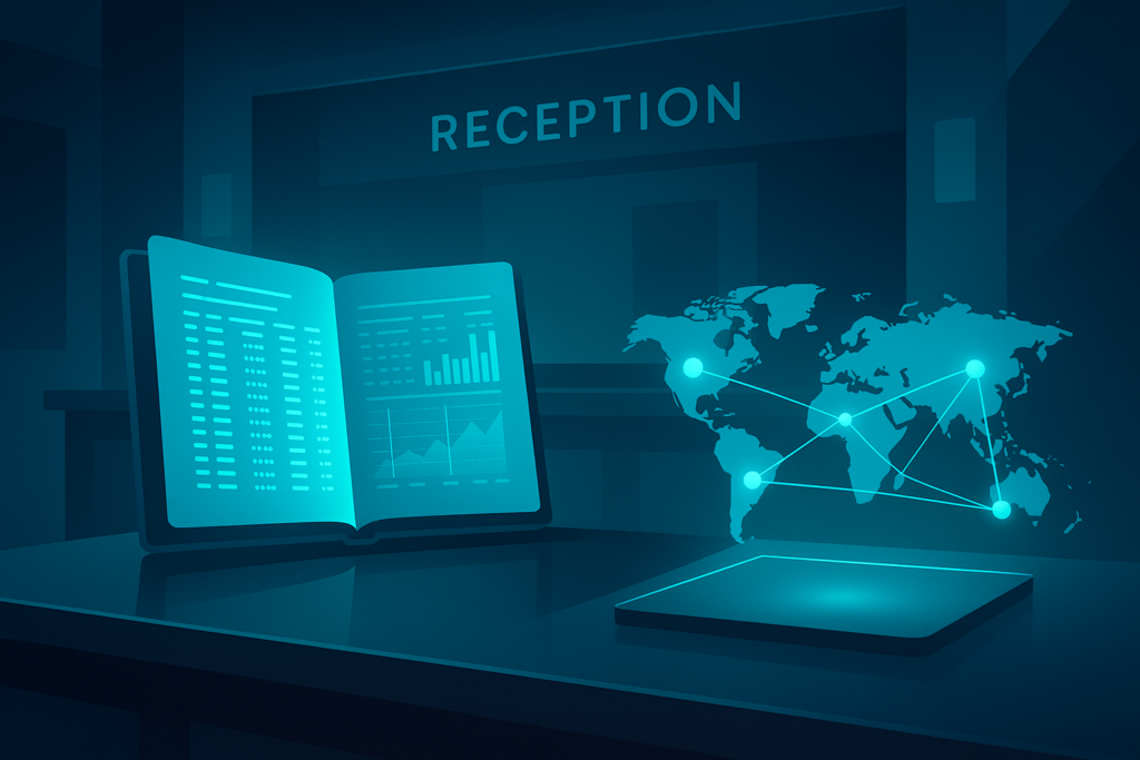 Modern hotel lobby reception with digital ledger, holographic map, and neon blue lighting.