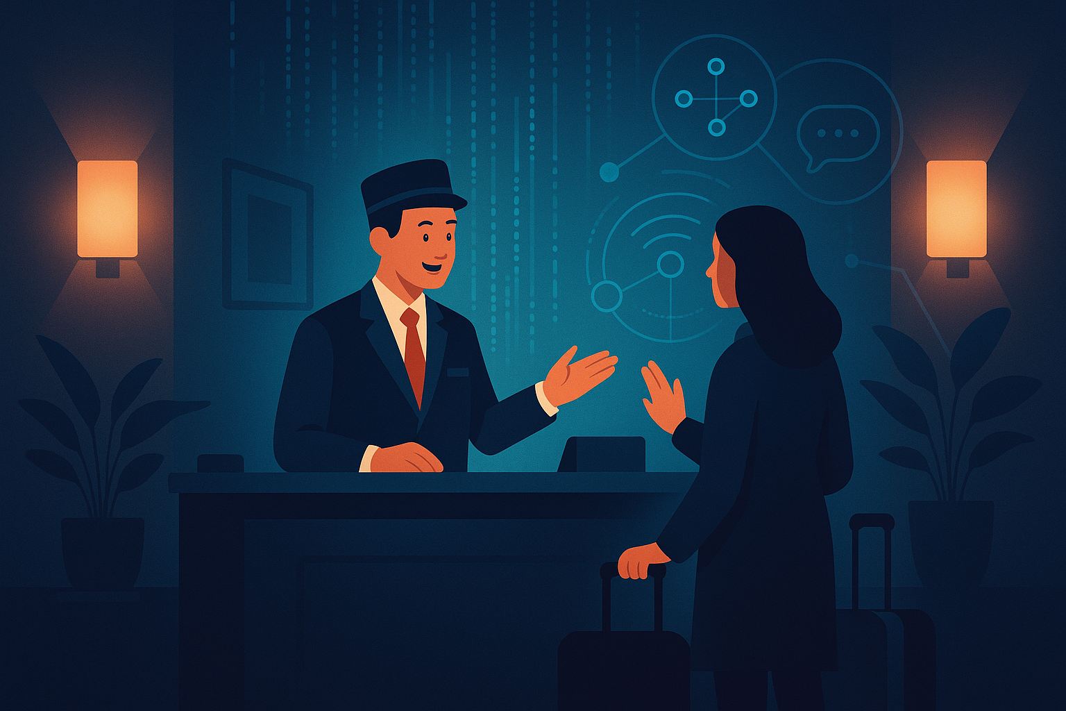 Modern hotel lobby with concierge assisting guest, digital data streams and network symbols in background.