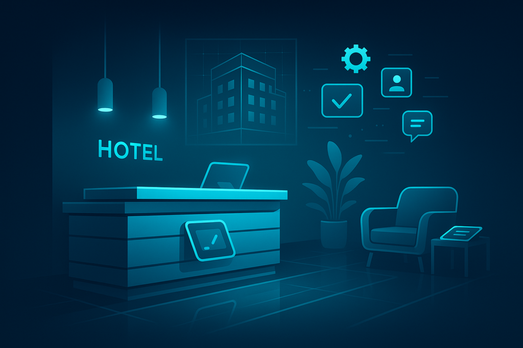 Modern hotel lobby with digital blueprint, holographic icons, sleek reception, and ambient neon lighting.
