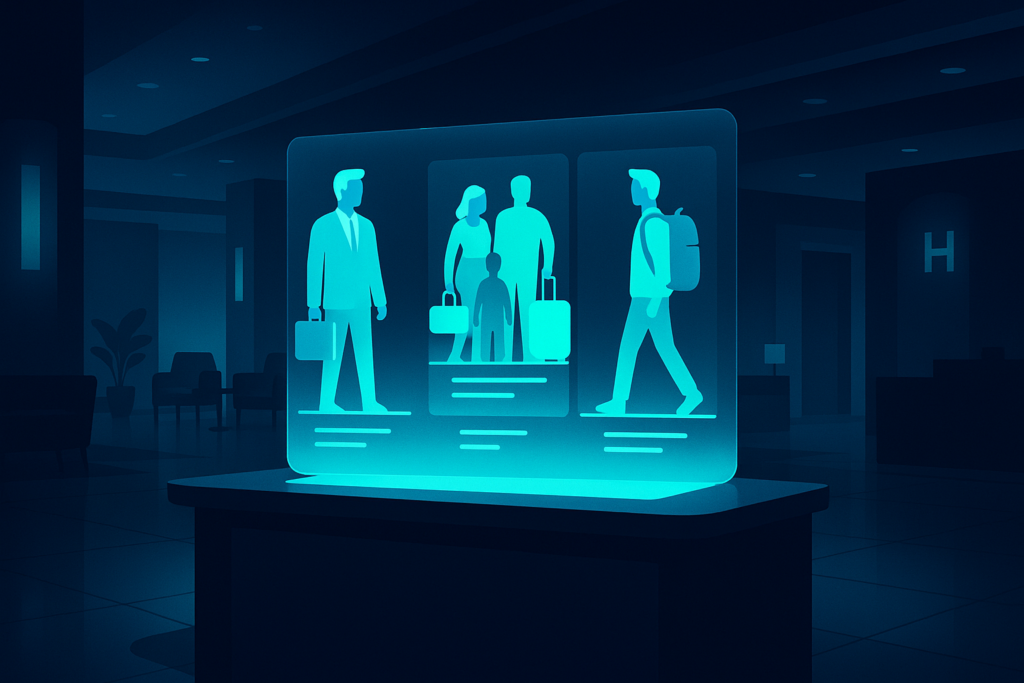 Modern hotel lobby with holographic guest profiles at digital concierge desk, illuminated by neon glow.