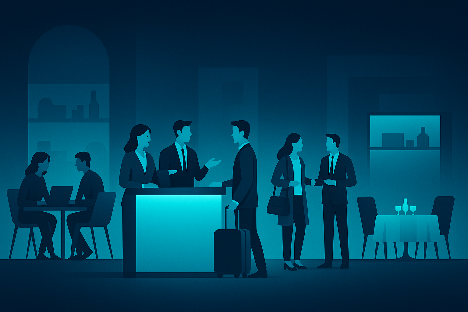 Modern hotel lobby with reception, guests, co-working area, private dining, and retail displays.