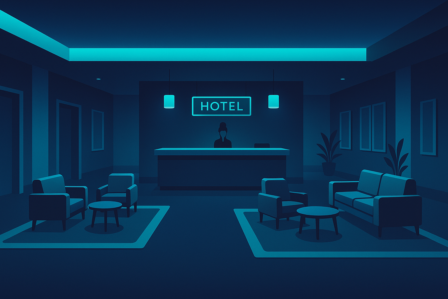 Modern hotel lobby with reception, seating areas, acoustic panels, illuminated by soft neon blue and cyan lighting.