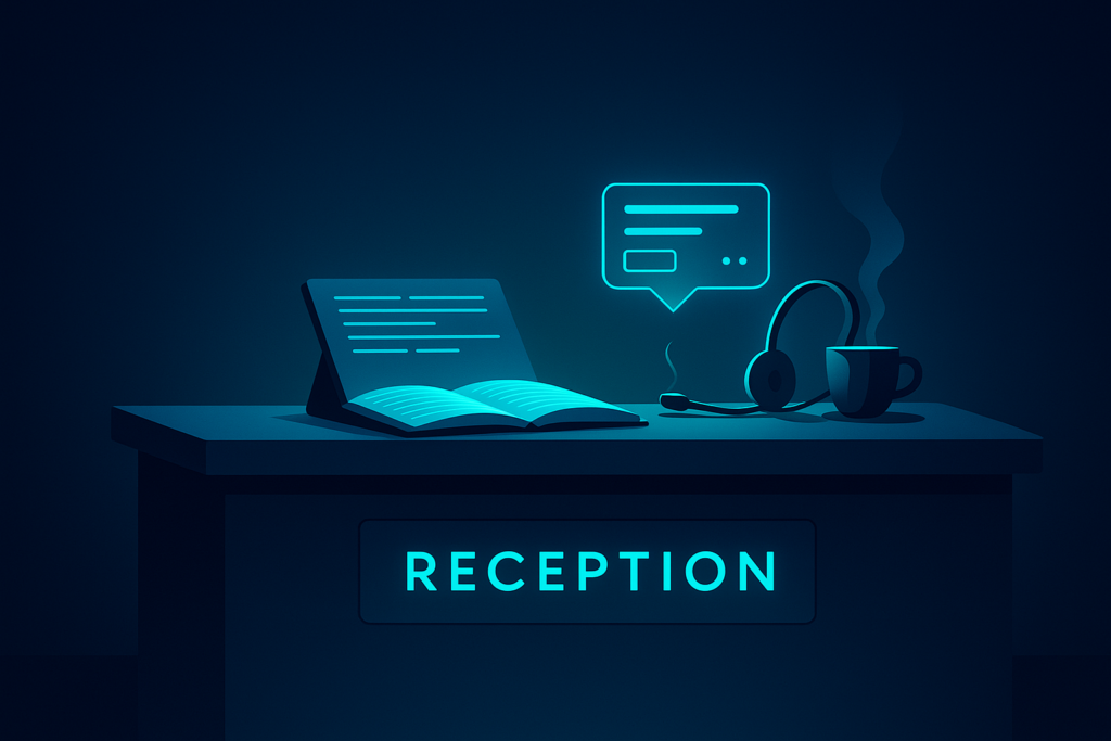 Modern hotel reception with digital guestbook, holographic interface, headset, and coffee.