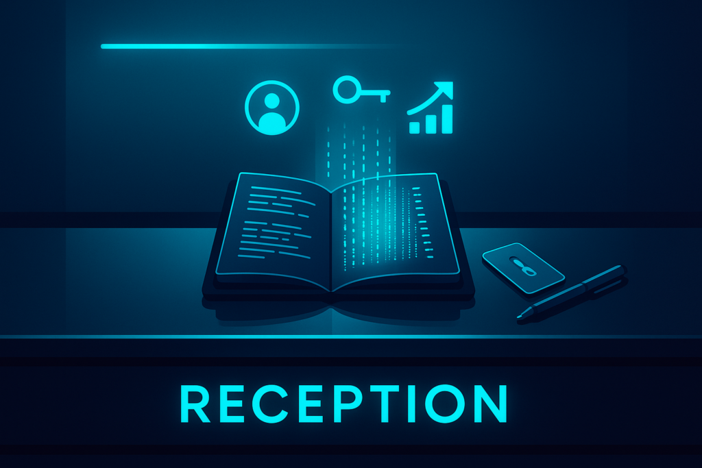 Modern hotel reception with digital ledger, keycard, holographic icons, illuminated by neon blue lights.
