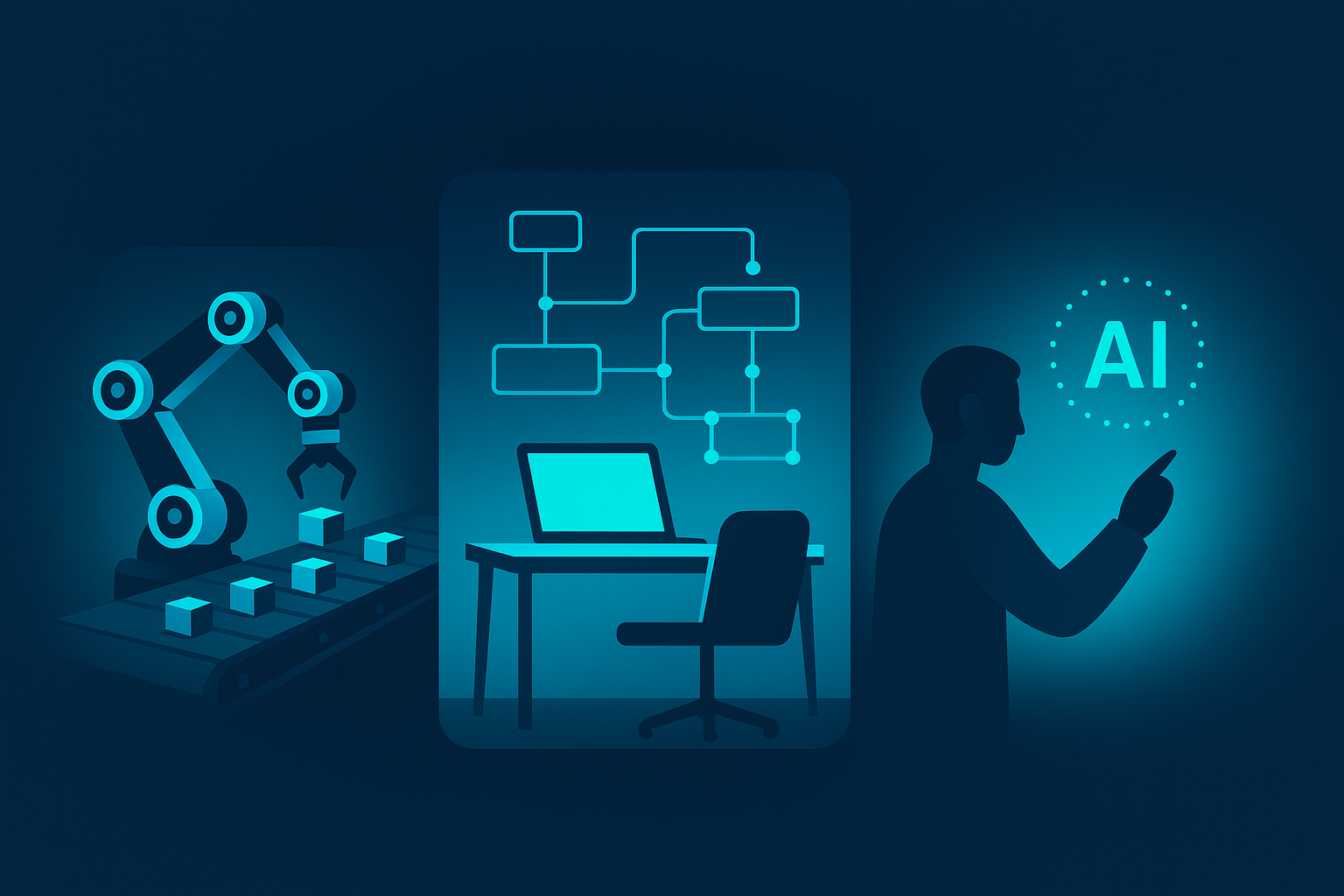 Modern workspace with robotics and digital interfaces