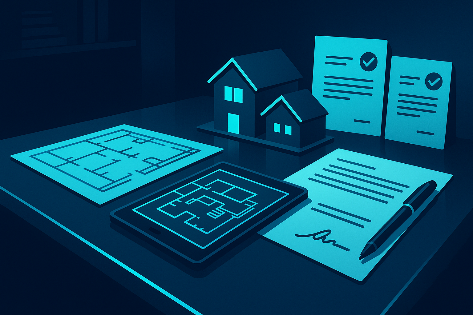 Modern real estate office with digital blueprints