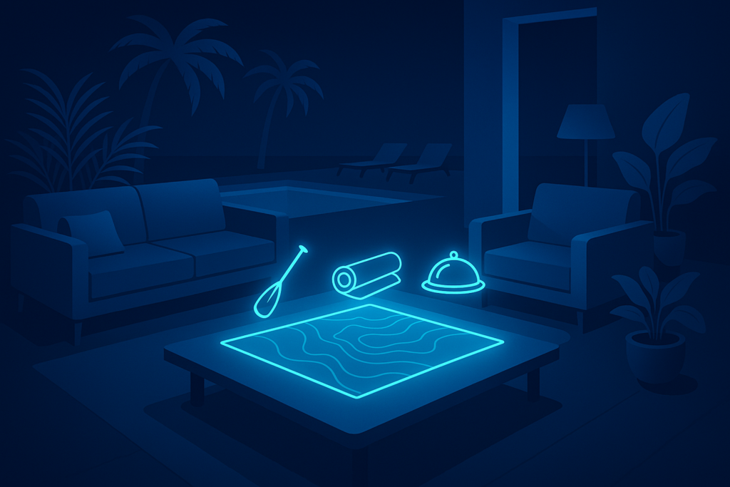 Modern resort lounge with holographic activity map in neon blue and cyan tones.