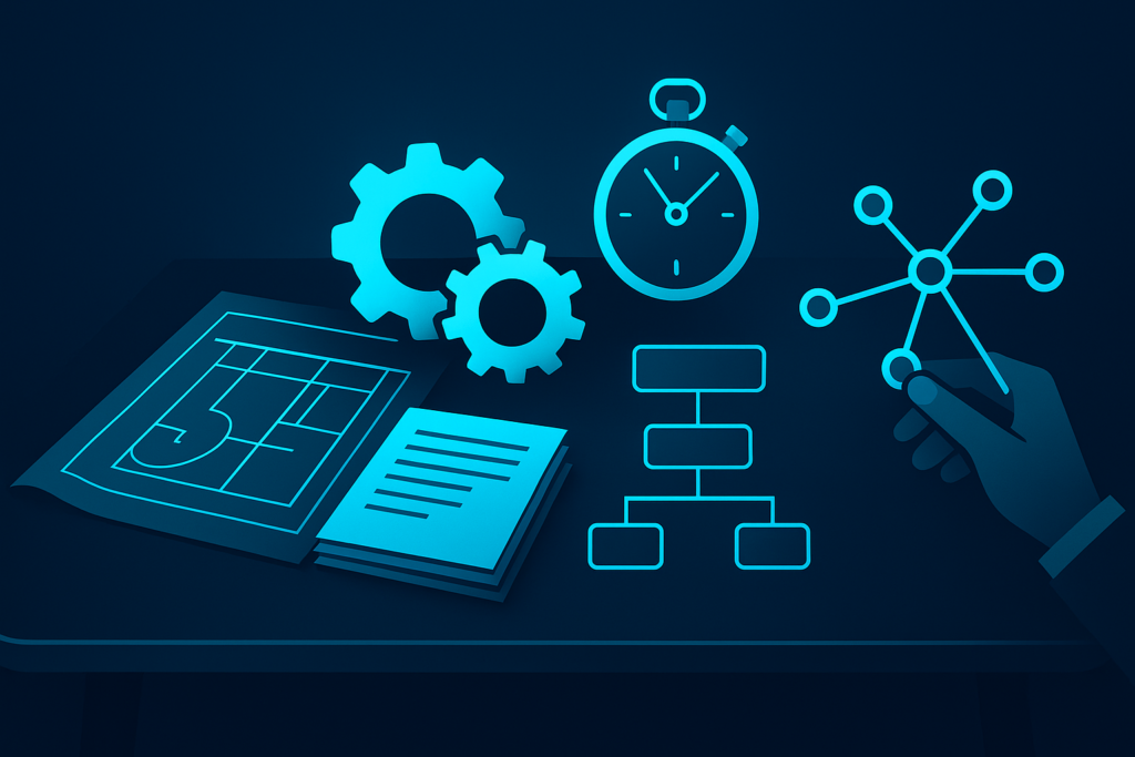 Modern tech workspace with blueprint, gear, stopwatch, and network nodes in neon glow.