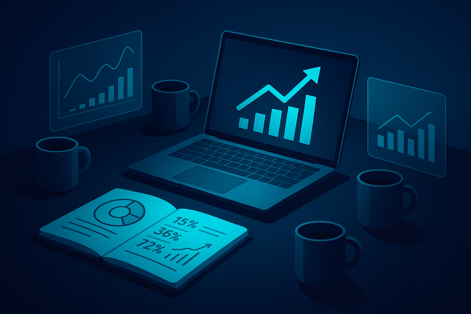 Modern tech workspace with glowing charts and notebook