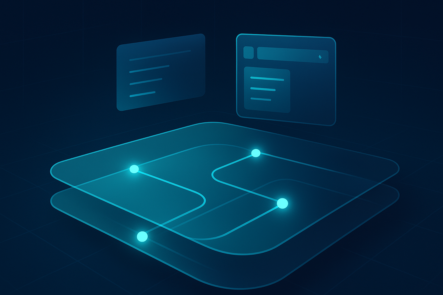Modern tech workspace with glowing cyan nodes, holographic menus, and sleek dark blue design.