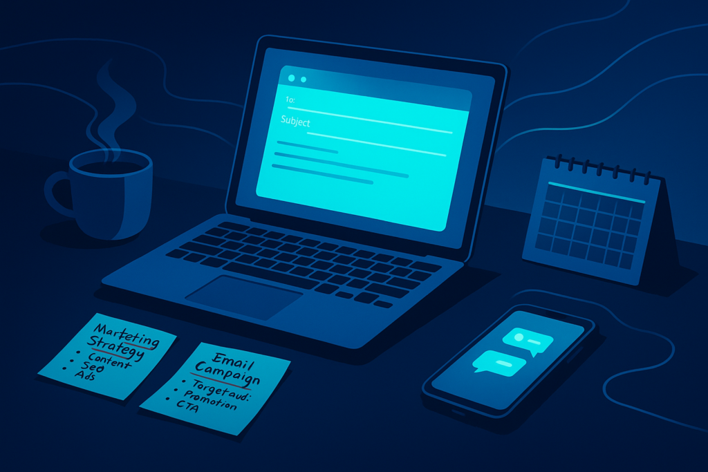 Modern tech workspace with laptop, coffee, notes, smartphone, and digital calendar in neon-lit blue tones.